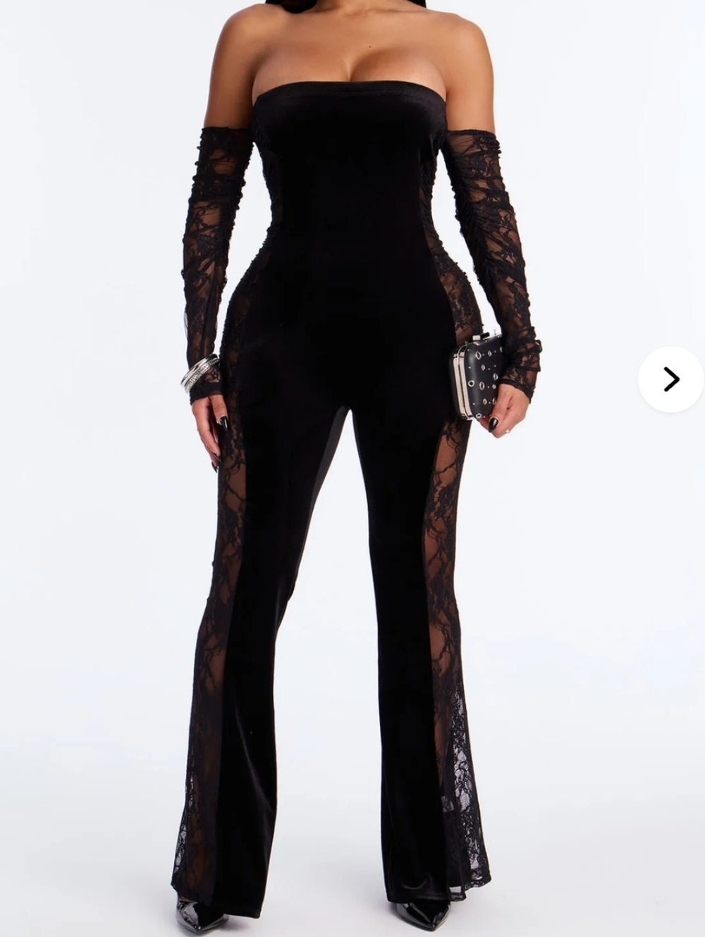 Fashion Nova Black Velvet Strapless Lace-Insert Jumpsuit